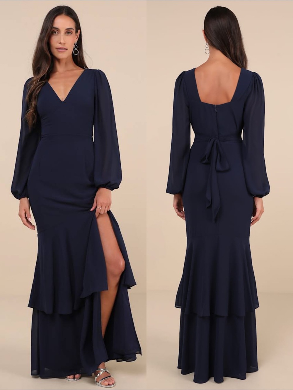 LULUS Navy Chiffon Long Sleeve Tier Ruffle Princesscore Wedding Guest Dress M